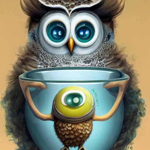 Image similar to long shot of a very cute owl chick nesting in a very futuristic cup, esao andrews, m. w. kaluta, yoshita amano, humorous illustration, hyperrealistic, big depth of field, warm colors, night scenery, low light, 3 d octane render, 4 k, conceptart, hyperdetailed, hyperrealistic, trending on artstation