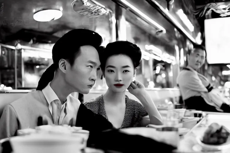 Prompt: movie interior closeup beautiful Chinese fashion model couple closeup joking at 50s diner, night in the city, beautiful skin, by Emmanuel Lubezki