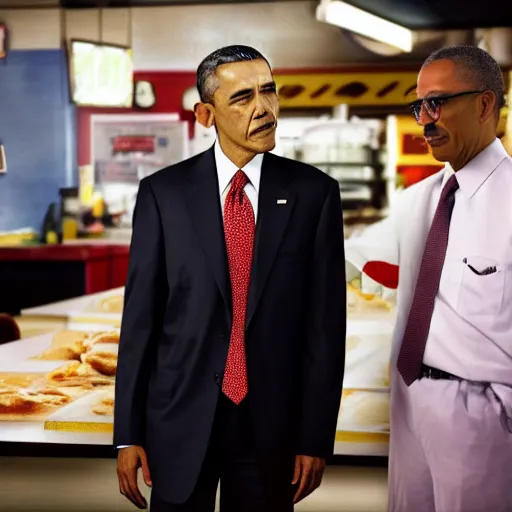 Prompt: blurry film still of obama meeting gus fring at los pollos hermanos, breaking bad scene, octane render, 4k, photorealistic, detailed