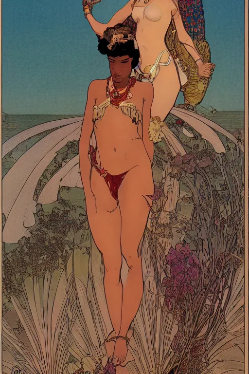 Image similar to a beautiful illustration of an african godess model girl with short hair, bikini, she's sad by mucha and moebius and geof darrow, sunset, street of hong kong, cinematic light, very detailed, depressing atmosphere, cover magazine