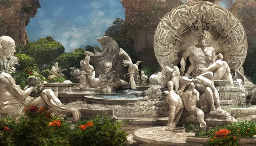 Image similar to craig mullins and studio ghibli illustration of a relief sculpture of the sun by michelangelo on top of a fountain in a garden, flowers, unreal engine, hyper realism, realistic shading, cinematic composition, realistic render, octane render, detailed textures, photorealistic, wide shot