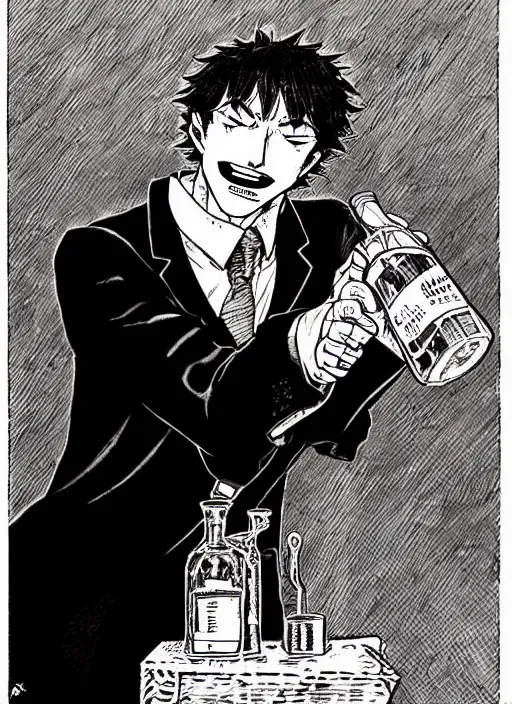 Prompt: portrait of a snake oil salesman offering you a bottle of serum formula, art by Kentaro Miura, it idn't greasy