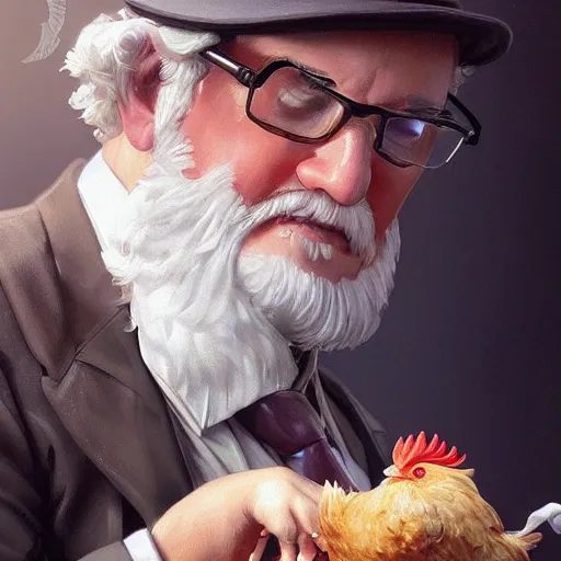 Image similar to closeup of Colonel Sanders petting a a chicken, modern setting, intricate, elegant, highly detailed, digital painting, artstation, concept art, matte, sharp focus, illustration, hearthstone, art by Artgerm and Greg Rutkowski and Alphonse Mucha