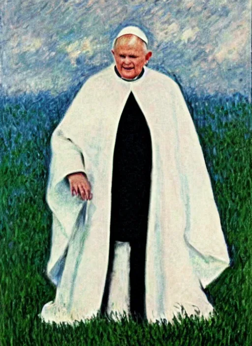 Prompt: white and cape with shoulder pads wearing john paul ii as piccolo from dragon ball z by claude monet