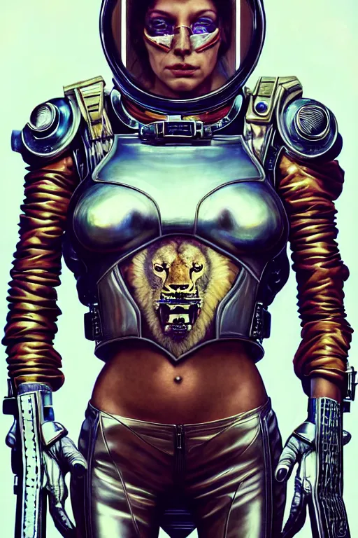 Prompt: a portrait of a muscular anthropomorphic cyberpunk lioness in spacesuit armor with ensignia on chest plate by sandra chevrier, by jon foster, detailed render, post - processing, extremely hyperdetailed, intricate, epic composition, cybernetics, 4 k realistic, cryengine, realistic shaded lighting, sharp focus, masterpiece, by enki bilal