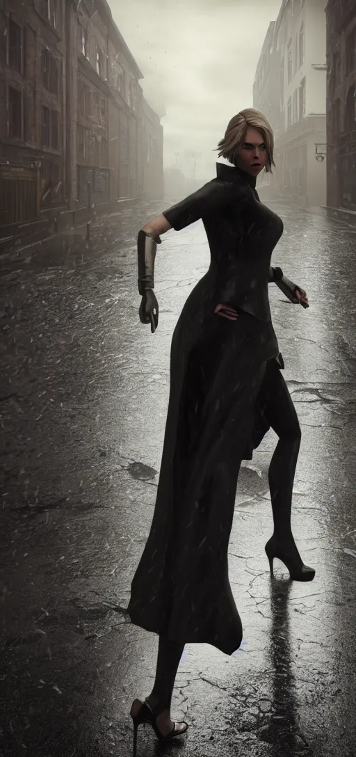 Prompt: beautiful model annie leonhart running on high heels with open toe in dunwall city, beautiful face, detailed face, cinematic lighting, rainy weather, melancholy atmosphere, volumetric light, octane render, dishonored 1, gothic architecture, realistic reflections, octane render 8 k, model agency