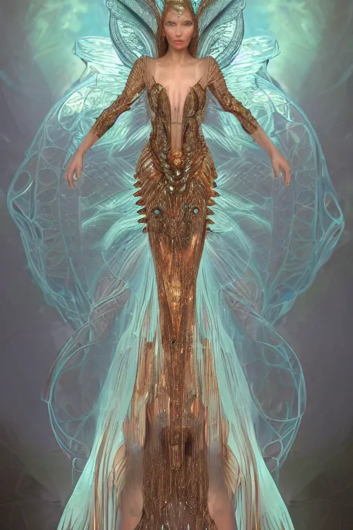 Image similar to a portrait of a beautiful ancient alien woman goddess bella hadid fairy standing in iris van herpen dress in diamonds and fractals in style of alphonse mucha art nuvo dmt trending on artstation made in unreal engine 4