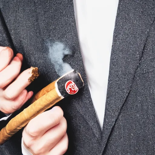 Image similar to a high detail closeup shot of a cat wearing a suit and smoking a cigar