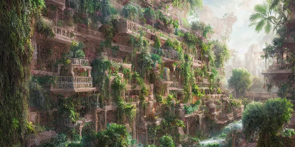 Image similar to hanging gardens of Babylon, highly detailed, digital painting, artstation, concept art, sharp focus, illustration