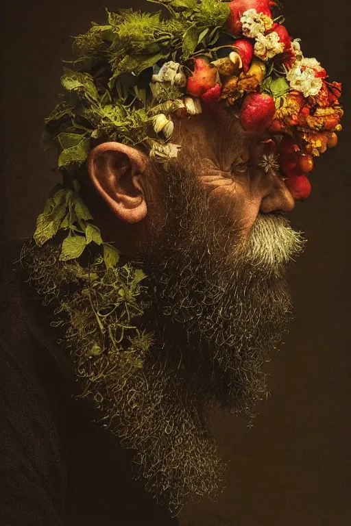 Prompt: an old man's face in profile, long beard, made of flowers and fruit, in the style of the Dutch masters and Gregory crewdson, dark and moody