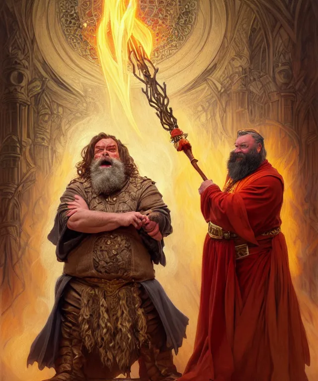 Image similar to brian blessed as a fantasy dwarf wizard, casting a fireball spell, with a staff and billowing cloak, portrait, fantasy, intricate, elegant, highly detailed, digital painting, artstation, concept art, smooth, sharp focus, illustration, art by artgerm and greg rutkowski and alphonse mucha