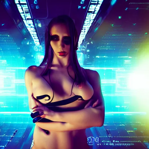 Prompt: masterpiece fully body portrait photograph of a female cyber space pirate, space station setting, dramatic lighting, 8k