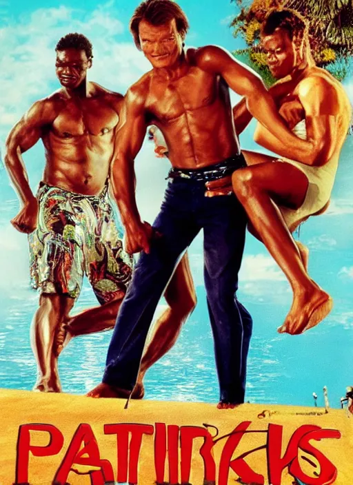 Image similar to Patrick Swayze, Ghanaian movie poster, romantic comedy, waterslide, Ninjas, highly detailed, HD, realism