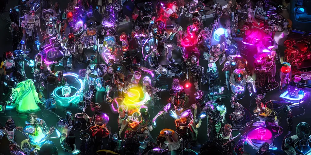 Image similar to diverse groups of cyborgs with glowing electronic bodies, from behind, rebirth, beauty, wide angle, elaborate, wet, highly detailed, colors, beautiful lighting