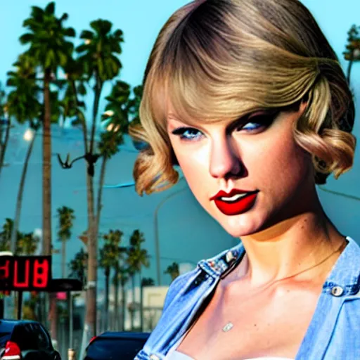 Image similar to A beautiful, surreal character portrait of Taylor Swift in a GTA 5 game setting