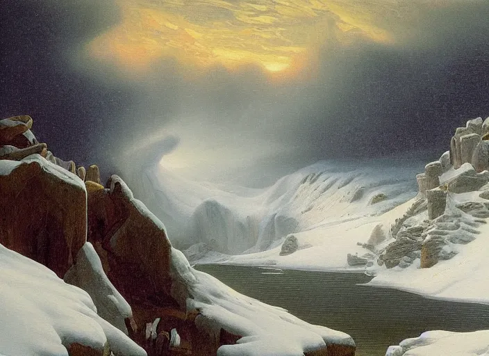 Image similar to earth after the cretaceous – paleogene extinction event, a harsh winter cools down the earth, blizzards envelop the lands, in the style of hudson river school of art, oil on canvas