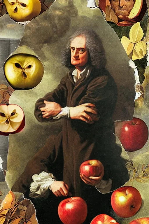 Image similar to isaac newton holding an apple, collage