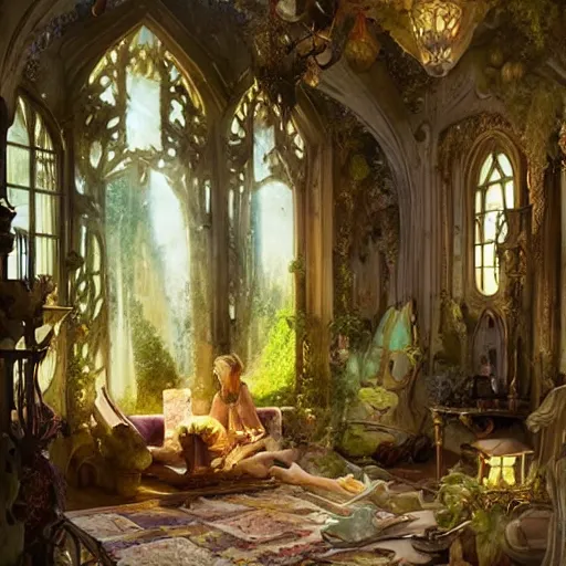 Prompt: a beautiful interior of a fairy castle, fully decorated, furnished with fairy furniture, fairy aesthetics, concept art, by greg rutkowski, alphonso mucha and elena dudina. high details, illustration, beautiful illumination