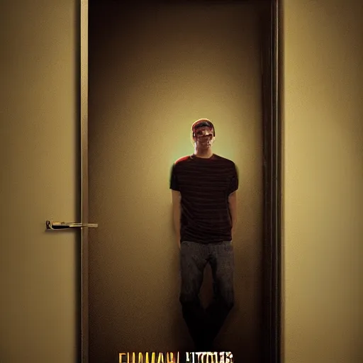 Image similar to poster for a short liminal film called'liminal'about four male roommates that find a tiny hidden door. movie poster, advertisement, photography, sharp, high detail, trending on artstation