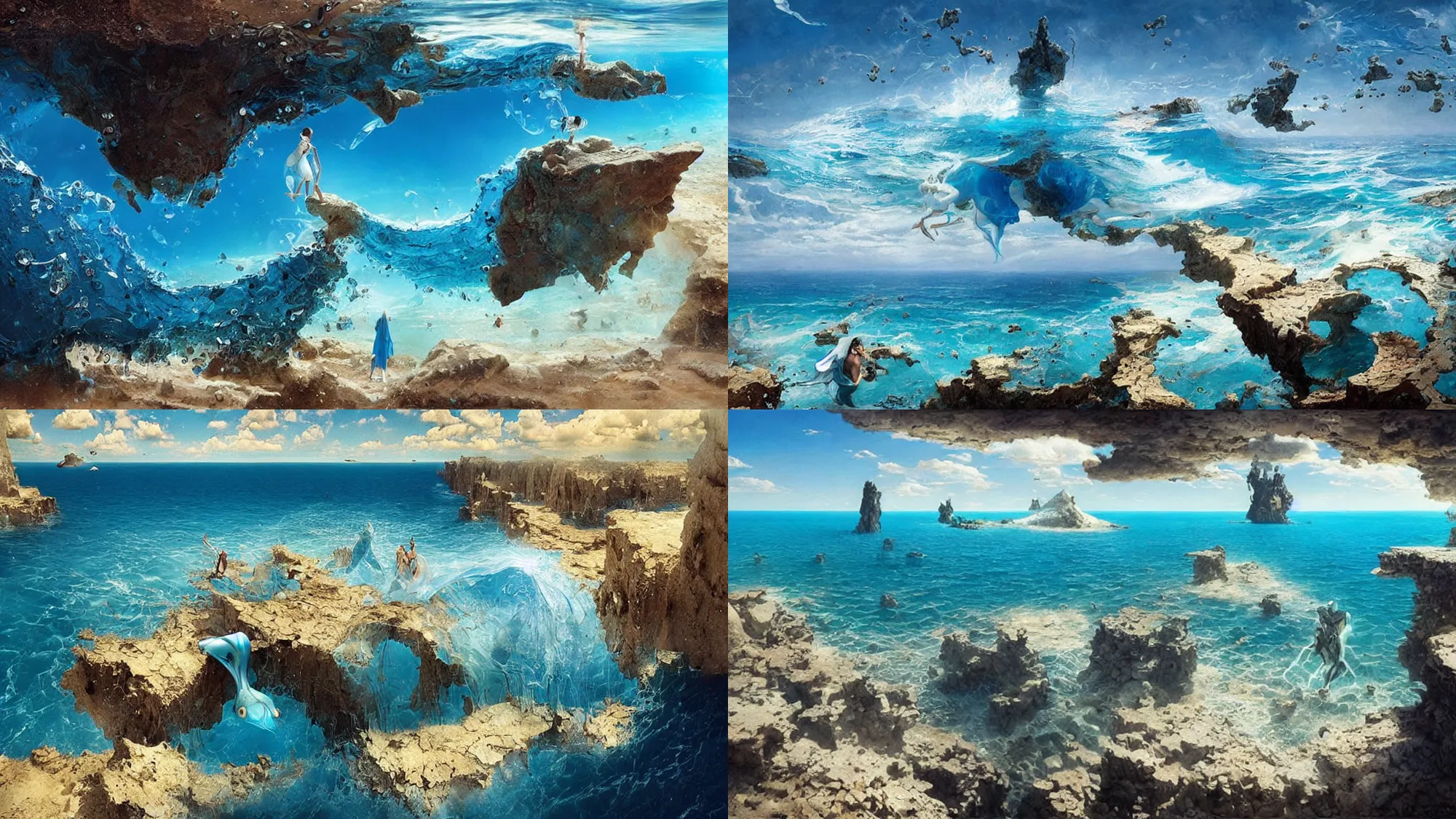 Prompt: clear blue ocean waters splitting apart to reveal ocean floor, whimsical surrealism, 4 k, award - winning, painting by salvador dali, by greg rutkowski