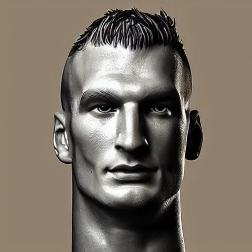 Prompt: “a realistic detailed photo of a guy who is an attractive humanoid who is half robot and half humanoid, who is a male android, football player Rob Gronk, shiny skin, posing like a statue, blank stare”