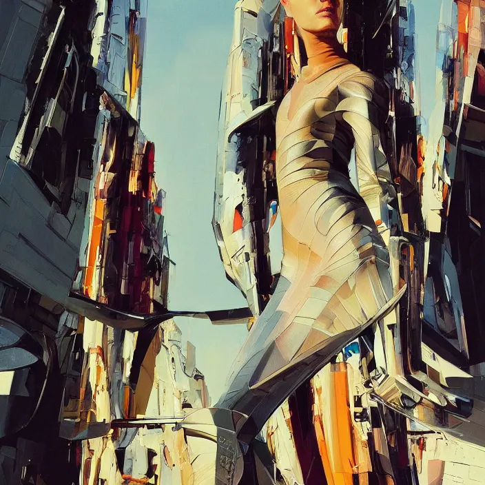 Prompt: gdansk girl, full body, high fashion, futurism, aerodynamic, flowing, intricate, slick, highly detailed, digital painting, vogue, concept art, smooth, sharp focus, hd, art by syd mead and john berkey and annie leibovitz