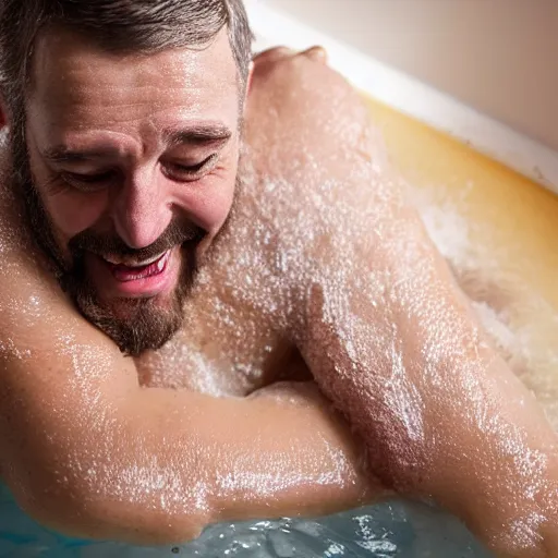 Prompt: photo of a smiling man in the bath tub looking at the viewer embarrassed because he was caught, there's a real giant octopus hugging his chest, highly detailed, facial accuracy, 4 k