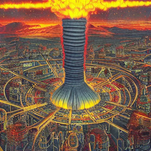 Image similar to nuclear bomb exploding in the center of a city, detailed 1 9 2 0 ’ s colored pencil, highly detailed, highly accurate, deep aesthetic, 8 k, highly ornate intricate details, cinematic lighting, rich colors, ray tracing, hyperrealistic, photorealistic, cinematic landscape, trending on artstation,