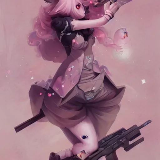 Image similar to beautiful surreal pistol, light pink, Japanese style, cute, in the style of anime by Peter Mohrbacher,