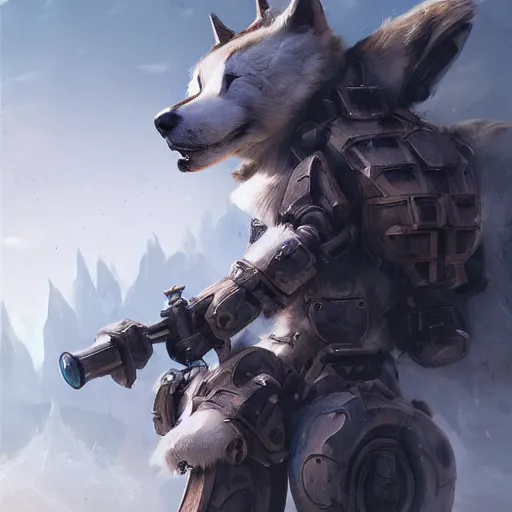 Prompt: huskies bot wear mechanically powered armor ， fantasy concept art ， fantasy world ， cute ， post apocalyptic ， octane render ， - n 4