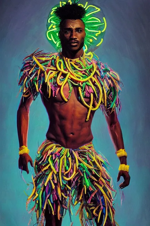 Prompt: detailed full body concept illustration of an African male with body augmentations, strong neon lighting, Afrofuturism, extravagant feathered collar, by Greg Staples, hyper realistic, HD, oil on canvas