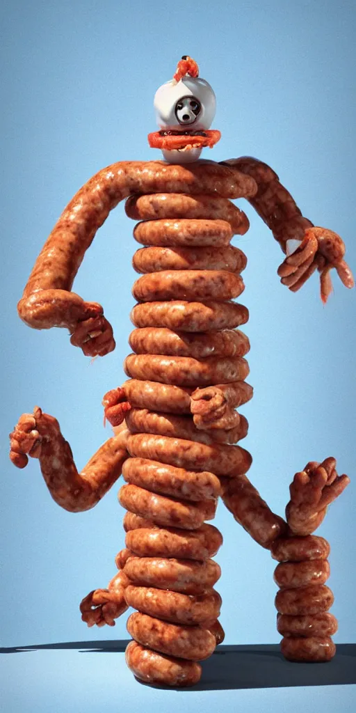 Prompt: a monster made of sausages posing for you against a solid white backdrop, [ scary, intimidating, threatening, horror, epic, cinematic, dramatic, 4 k, octane render, art by ed emshwiller ]