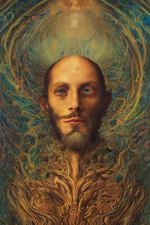 Prompt: a high hyperdetailed painting with complex textures of a man philosopher mystic metaphysical student of alchemy has a war against his ego and a desire for transcendental knowledge, surreal psychedelic conceptual magical realism