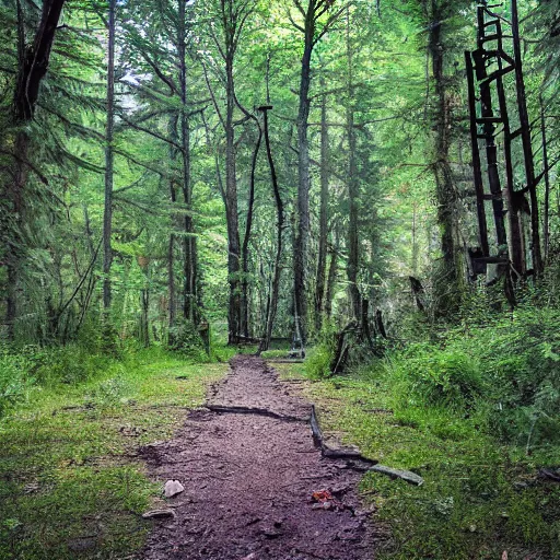 Image similar to path leading to an entrance with a gate to a forest with an abandoned wooden house