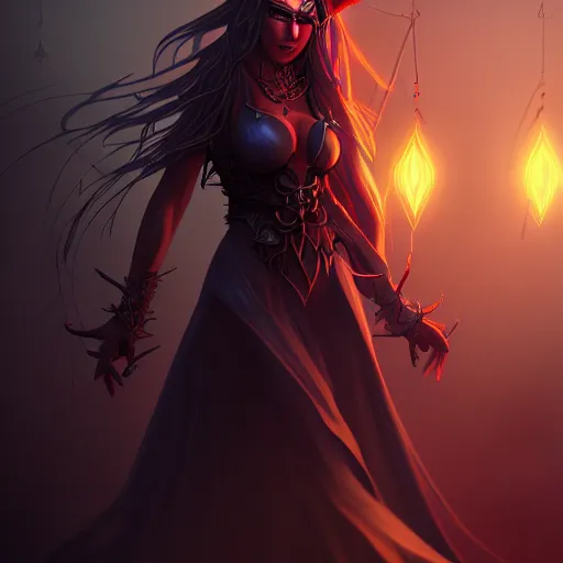 Image similar to dark sorceress full view, highly detailed, wlop style, artstation, concept art, soft light, sharp focus, illustration, character design