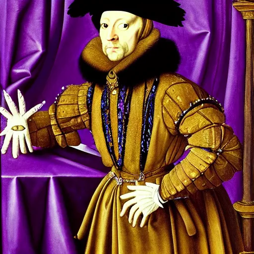 Image similar to a highly detailed painting of a raven dressed as an elegant tudor gentleman, in a lavish purple medieval room, by hans holbein