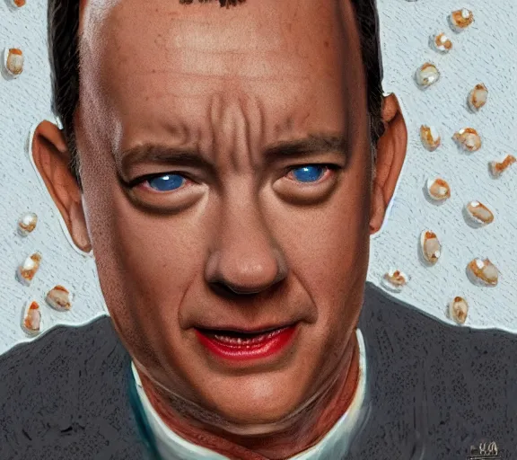 Image similar to Tom hanks as forrest gump wearing a necklace made out of shrimps around the neck, realistic face, digital art, in the style of Daniel Conway, amazing detail, artstation, long shot