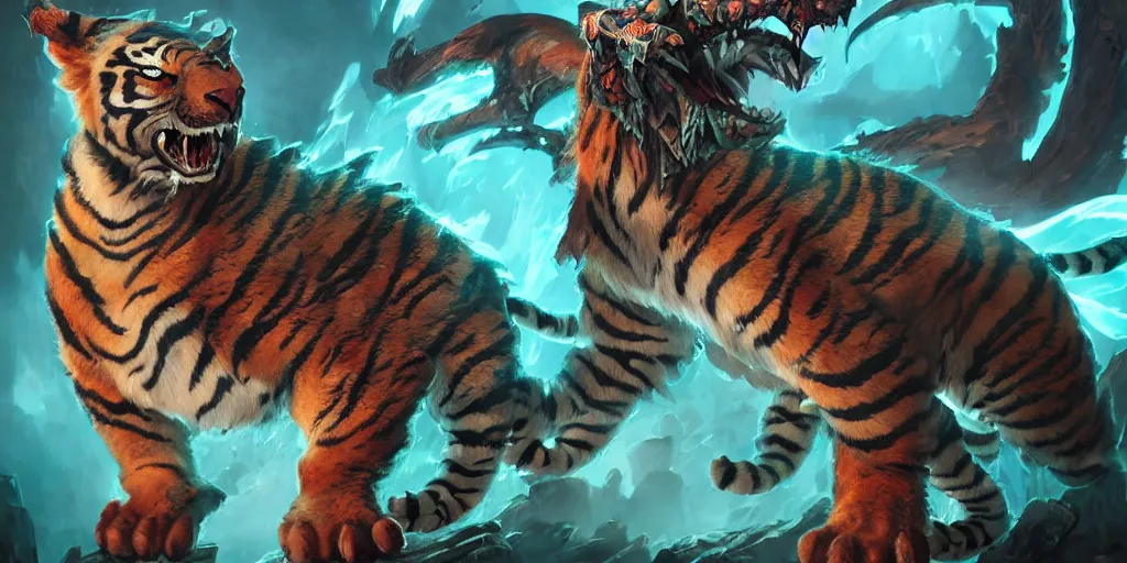 Image similar to Ghostly tiger creature made out of turquoise energy character design sheet, Monster Hunter Illustrations art book, Bright sparks, claws, huge sabertooth fangs, Moebius, Greg Rutkowski, Zabrocki, Karlkka, Jayison Devadas, Phuoc Quan, trending on Artstation, 8K, ultra wide angle, zenith view, pincushion lens effect.