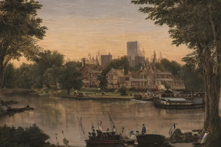 Prompt: realistic and detailed photo, tudor style detached house, skyscrapers on the background, a river flowing through the scene, riverboat in the foreground, dusk