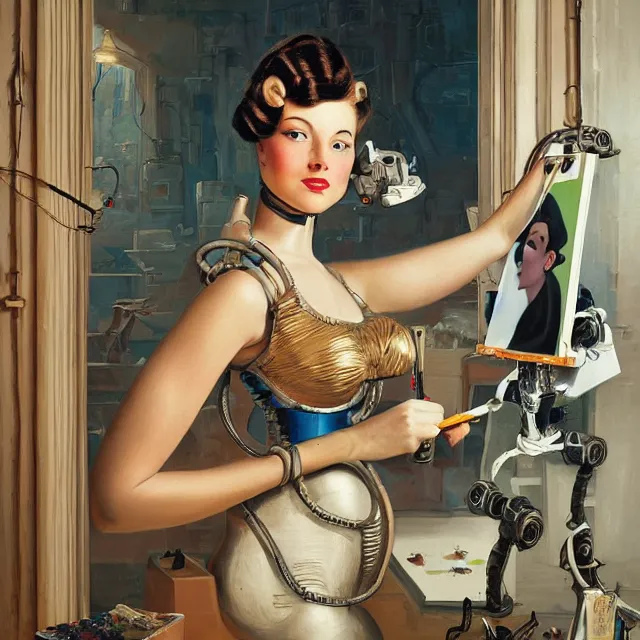 Image similar to robot artist painting a self - portrait on a canvas. intricate, highly detailed, digital matte painting in the style of gil elvgren and in the style of h. r. giger and in the style of anna dittmann. irony, recursion, inspiration.