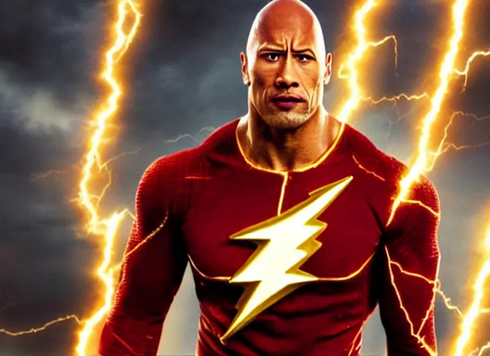 Image similar to film still of dwayne the rock johnson as the flash in the new flash movie, 4 k