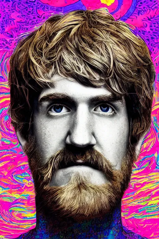 Prompt: inspirational style hope poster of bo burnham with beard by steven belledin, psychedelic colors, highly detailed, realistic, loving