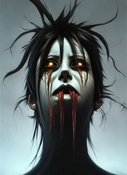 Image similar to dark portrait painting of tracer from overwatch, in style of zdzisław beksinski, scary, horror, overwatch tracer character, detailed face, dressed in dark garment, black tendrils, tall,