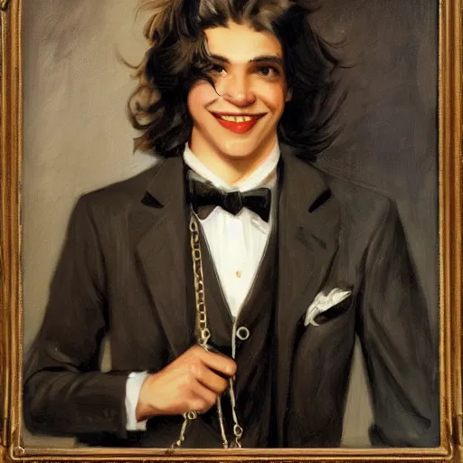 Image similar to a Latino young man with long shaggy brown hair, sly eyes, and a mischievous smile wearing a tuxedo and e-boy chains. WLOP, JC Leyendecker
