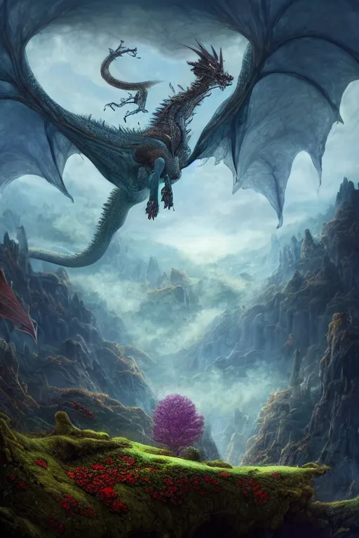 Image similar to a beautiful digital landscape painting of a detailed fantasy dragon and roots, dark mushroom, flowers by benoit b. mandelbrot, steven belledin, martin johnson heade, lee madgwick, caspar david friedrich, and david rios ferreira. 8 k resolution trending on artstation concept art digital illustration