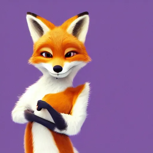 Image similar to anthropomorphic female fox with short white fur covering her body in the style of zootopia