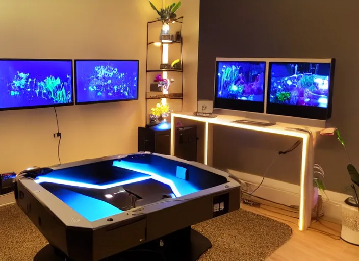 Prompt: ultimate PC gaming room, LED lights, plants, interior design