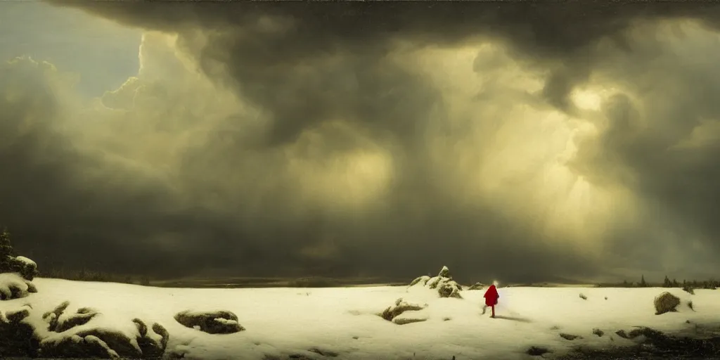 Prompt: a princess, slain giant monster, snowy tundra, storm clouds, dramatic lighting, hudson river school