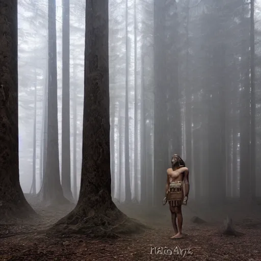 Image similar to a modern day ancient Egyptian pharaoh standing in a dark, gloomy forest, detailed, mythical, mist, fog, heavy fog, dark lighting, rim light, ambient light,