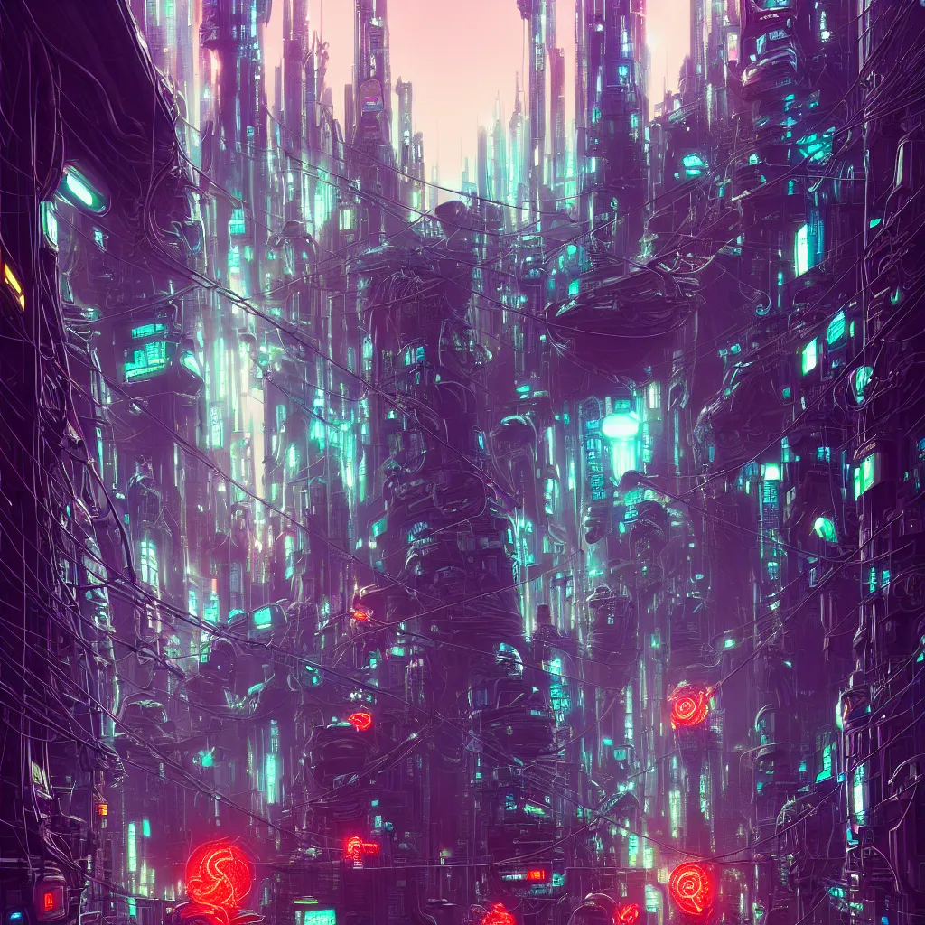 Image similar to robo cats inside an scifi tentacles wires futuristic city, beautiful signs, wide angle, retro futuristic comics, cinematic, highly detailed, photorealistic, rich bright colors, trending on artstation, giger, tsutomu nihei, trending on cgsociety, awe inspiring bruce pennington cityscape, digital art painting of 1 9 6 0 s